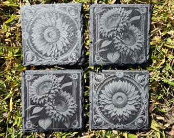 Set mit 4 natürlichen Schiefer-Untersetzern mit Sonnenblumen