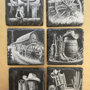 Cowboy themed slate coasters, set of 6 coasters