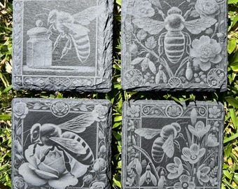 Set of 4 natural slate coasters featuring Honey Bees