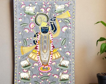 Shrinath Ji Pichwai canvas rolschildering: Rajasthani volkskunst woondecoratie (29 x 20 inch)