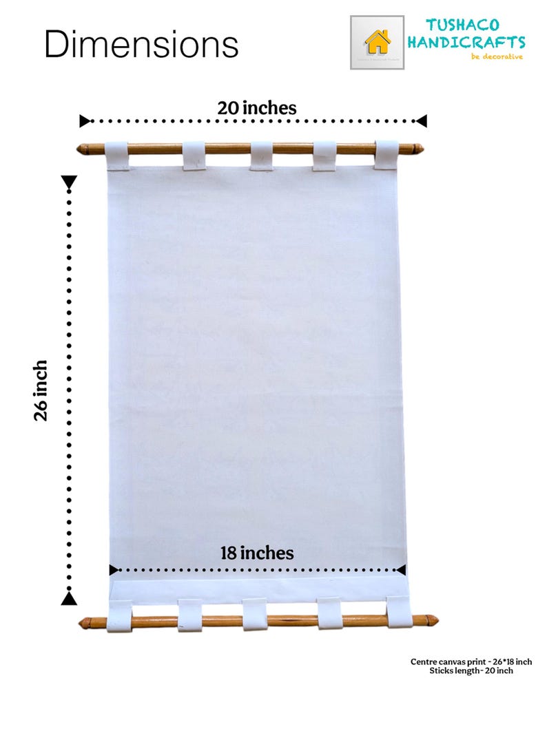 Op de afbeelding: Een witte canvas wandhanger met houten deuvels aan de boven- en onderkant. Het canvas meet 66 cm bij 46 cm, met een deuvel van 51 cm. De tekst "Dimensions" staat linksboven en de merknaam "TUSHACO HANDICRAFTS" rechtsboven.