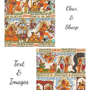 Op de afbeelding: Kleurrijk Indiaas kunstwerk met gedetailleerde illustraties van goden en sc&egrave;nes uit de hindoe&iuml;stische mythologie. De afbeeldingen worden vergezeld door tekst in een script, met de woorden "Clear & Sharp" en "Text & Images".