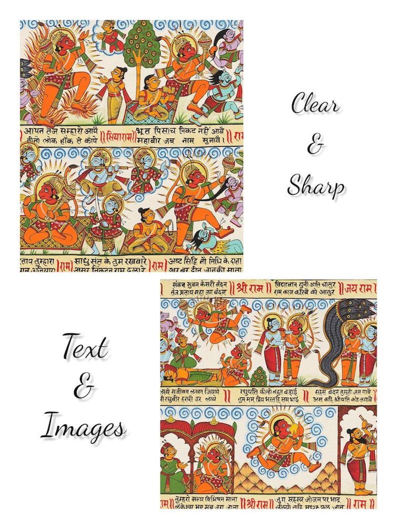 Op de afbeelding: Kleurrijk Indiaas kunstwerk met gedetailleerde illustraties van goden en sc&egrave;nes uit de hindoe&iuml;stische mythologie. De afbeeldingen worden vergezeld door tekst in een script, met de woorden "Clear & Sharp" en "Text & Images".