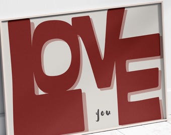 Love You Print Hand Drawn Red Poster Modern Minimalist Art, Cool Apartment Wall Above Bed Decor Aesthetic Print Trendy Love Poster Printable
