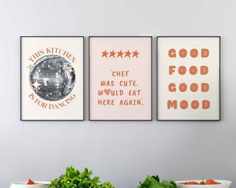 Vintage Kitchen Wall Art Set of 3 Print, Aesthetic Kitchen Decor Disco Ball Print Retro Dancing Poster This Kitchen Is For Dancing Poster
