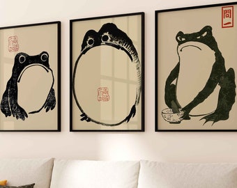 Japanese Matsumoto Hoji Frog Wall Art Set of 3 Print, Japandi Wall Art, Vintage Japanese Frog Poster, Aesthetic Retro Trendy Wall Art Print