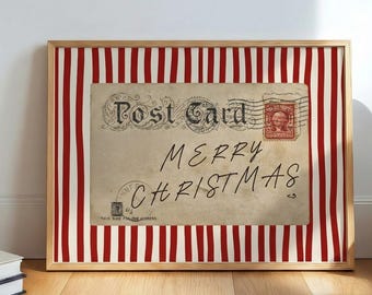 Merry Christmas Wall Art Print Vintage Postcard Poster, Retro Holiday Decor, Red Bow Christmas Sign, Trendy Winter Red Striped Quote