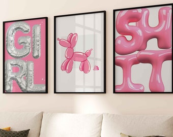 Pink Girl Sh*t Wall Print Set of 3 Funny Wall Art, Pink Dorm Room Decor Funky Wall Art Trendy Printable Indie Balloon Dog Maximalist Poster