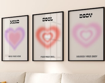 Mind Body Soul Set of 3 Piece Spiritual Wall Art, Aura Heart Poster, Modern Aesthetic Blush Pink Trendy Wall Art, Affirmation Room Decor Art