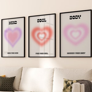 Mind Body Soul Set of 3 Piece Spiritual Wall Art, Aura Heart Poster, Modern Aesthetic Blush Pink Trendy Wall Art, Affirmation Room Decor Art