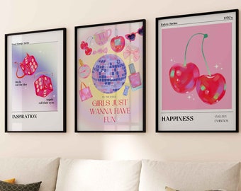 Pink Gallery Wall Art Set of 3 Print, Trendy Devils Roll The Dice Cherry Wall Art, Aesthetic Dorm Room Decor Preppy Wall Art, Girl Print Art
