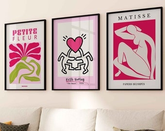 Matisse Flower Print Keith Haring Wall Art Set of 3, Henri Matisse Poster Vintage Trendy Wall Art, Aesthetic Printable Pink Gallery Wall Art