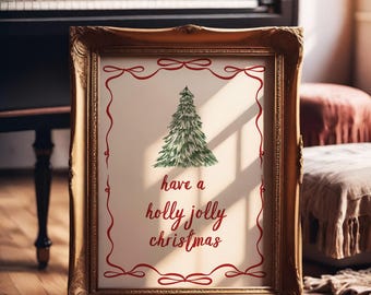 Trendy Christmas Tree Print Merry Winter Poster Minimalist Holly Jolly Quote Coquette Wall Art