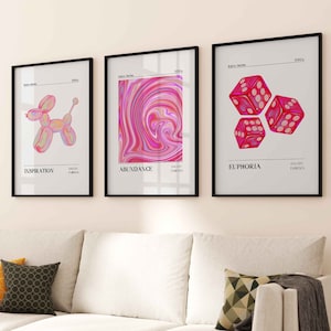 Retro Dice Pink Gallery Wall Art Set van 3 Print, Trendy Hond Ballon Pastel Digitale Print, Holografische Lucky Y2K Poster, Esthetisch Kamer Decor