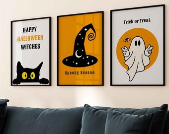 Halloween Gallery Wall Art Set of 3 Print, Minimalist Fall Art Prints Autumn Home Decor, Modern Spooky Season Poster Trendy Halloween Print