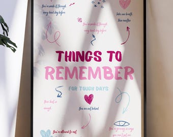Positive Affirmations Wall Art Things to Remember Print, Calming Corner Decor, Digital Download, Trendy Preppy Room Decor Girly Wall Art