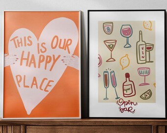 This is Our Happy Place Open Bar Digital Art Printable Bundle Set of 2 Wall Decor Poster, Apartment Decor Girly Wall Art, Trendy Digital Art