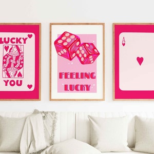 Trendy Retro Wall Art Set of 3 Print, Aesthetic Print Dorm Room Decor, Lucky You Poster Pink Gallery Wall Art Digital Colorful Dice Manifest