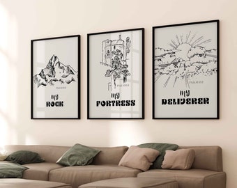 Vintage Christian Wall Art Set of 3 Prints, Bible Gallery Wall Art God Posters Christian Printable Art Jesus Prints Psalm Digital Download