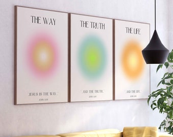 Jesus Christian Aura Set of 3 Prints, Christian Poster Bible Verse Wall Art, God Art, The Way The Truth The Life Wall Art, Digital Download