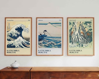 Katsushika Hokusai Wall Art Set Of 3 Prints, Japanese Art Print Digital Wall Art, Hokusai Poster The Great Wave Print, Vintage Japanese Art