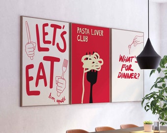 Pasta Lover Print Set of 3 Bon Appétit Kitchen Wall Art Let’s Eat Spaghetti Poster Digital Download Dining Room Modern Decor Kitchen Gifts