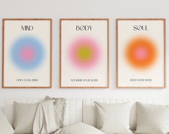 Mind Body Soul Set of 3 Piece Spiritual Wall Art, Modern Aesthetic Psychedelic Poster, Blush Pink Trendy Wall Art, Affirmation Room Decor