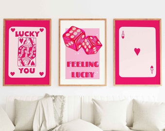 Trendy Retro Wall Art Set of 3 Print, Aesthetic Print Dorm Room Decor, Lucky You Poster Pink Gallery Wall Art Digital Colorful Dice Manifest