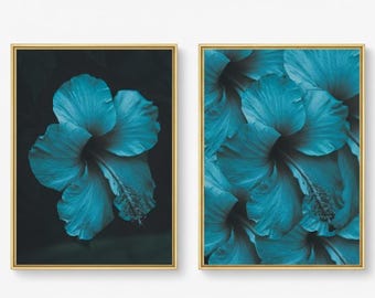 Moody Teal Hibiscus Print Dark Floral Wall Art Victorian Botanical Poster Digital Download Modern Bedroom Decor Academia Flower Photography