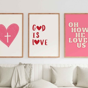 Minimalist Christian Wall Art Set of 3 Prints, Bible Scripture Poster God Is Love Print, Jesus Biblical Art Oh How He Loves Us Digital Print