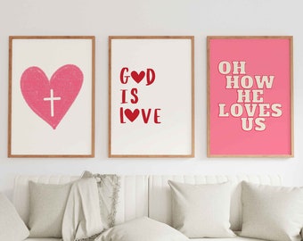 Minimalist Christian Wall Art Set of 3 Prints, Bible Scripture Poster God Is Love Print, Jesus Biblical Art Oh How He Loves Us Digital Print