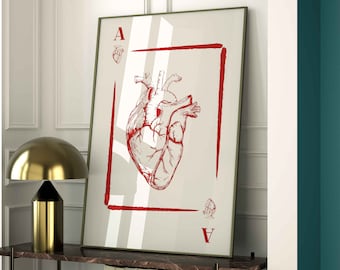 Trendy Ace of Hearts Print Red Green Blue Set of 3 Anatomical Heart Print Trendy Retro Wall Art Aesthetic Print Minimal Playing Card Poster