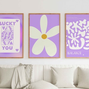 Trendy Gallery Wall Art Set Of 3 Print Lilac Lucky You Print, Purple Trendy Aesthetic Wall Art, Retro Wall Art Digital Funky Dorm Room Decor