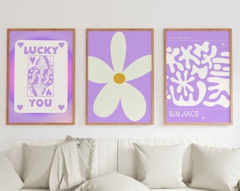 Trendy Gallery Wall Art Set Of 3 Print Lilac Lucky You Print, Purple Trendy Aesthetic Wall Art, Retro Wall Art Digital Funky Dorm Room Decor