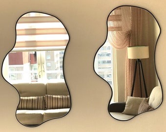 Unregelmäßiger Holz Spiegel Wohnkultur | Asymmetrischer gewellter Spiegel-schwarzer Rahmen | Ästhetischer Badezimmerspiegel | Moderner Waschbecken Spiegel Flur-Spiegel