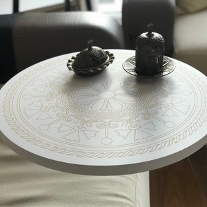 C Shaped Side/End Table, Modern Sofa Side Table, Coffee Table For Living Room, Round Wood End/Side Table, Laptop Stand, Walnut Couch Table White & Mandala