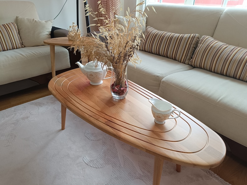 Wooden Oval Coffee Table Side Table, Rustic Mid Century Center Table, Vintage Style Side Table, Handmade Furniture, Wooden Large Coffee Natural