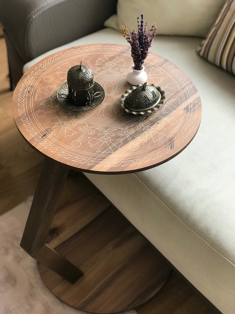 C Shaped Side/End Table, Modern Sofa Side Table, Coffee Table For Living Room, Round Wood End/Side Table, Laptop Stand, Walnut Couch Table Brown & Mandala