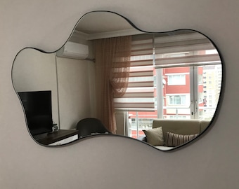 Irregular Wavy Mirror, Asymmetrical Black Mirror Wall Decor, Wood Mirror, Bathroom Sink Mirror Home Decor, Aesthetic Mirror, Decorative Gift