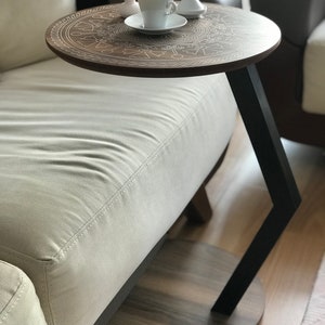 C Shaped Side/End Table, Modern Sofa Side Table, Coffee Table For Living Room, Round Wood End/Side Table, Laptop Stand, Walnut Couch Table Dark Brown & Mandala