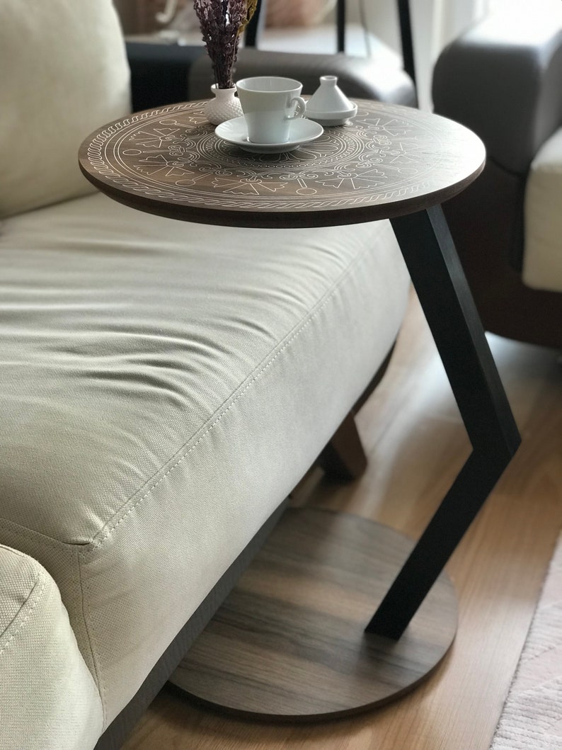 C Shaped Side/End Table, Modern Sofa Side Table, Coffee Table For Living Room, Round Wood End/Side Table, Laptop Stand, Walnut Couch Table Dark Brown & Mandala