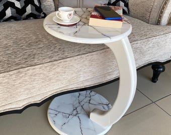 Round C-Shape White Marble Side Table: Modern Sofa Couch Table with Rollers