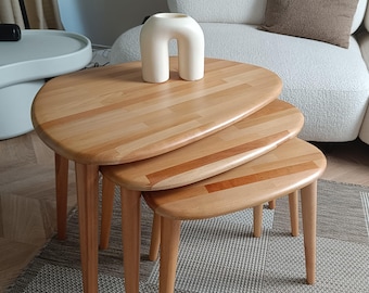 Modern Nesting Table Set, Asymmetrical Solid Wood Coffee Table, Scandinavian Style Rustic Mid Century Vintage Center Table, Mothers Day Gift