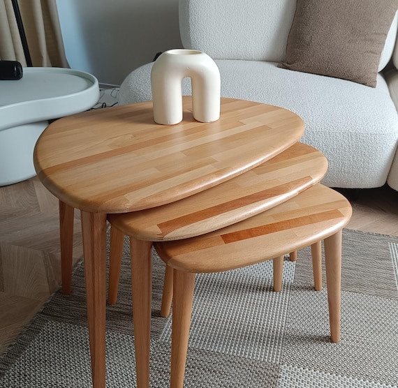 Solid Beech Wood Nesting Coffee Table Set - Scandinavian Modern Design