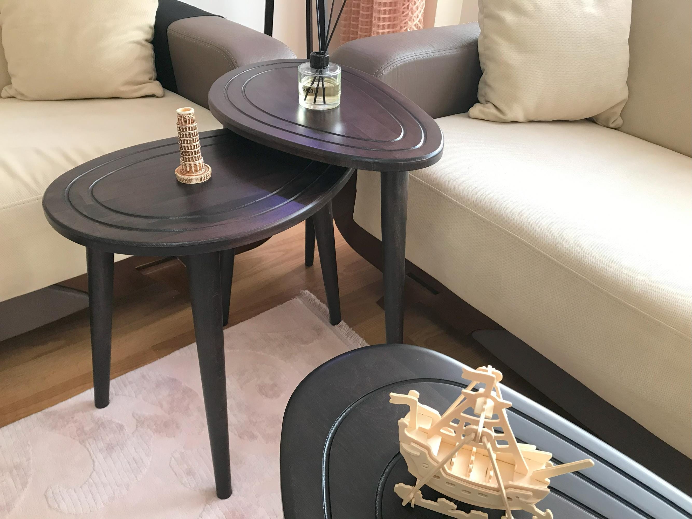 Wooden Oval Coffee Table Side Table, Rustic Mid Century Center