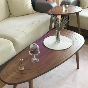 Handmade Solid Wood Oval Coffee Table Set: Mid-Century Modern Style