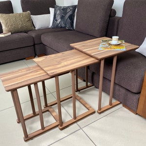 C Shaped Side Table Set With Rollers, Walnut Nesting Tables set of 3 or Single, End Table Set for Living Room,  Sofa Coffee Table Decor