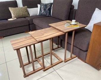 Walnut Nesting C-Shaped Side Table Set with Rollers