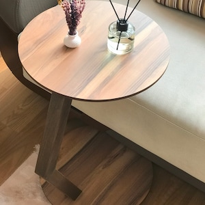 C Shaped Side/End Table, Modern Sofa Side Table, Coffee Table For Living Room, Round Wood End/Side Table, Laptop Stand, Walnut Couch Table Brown