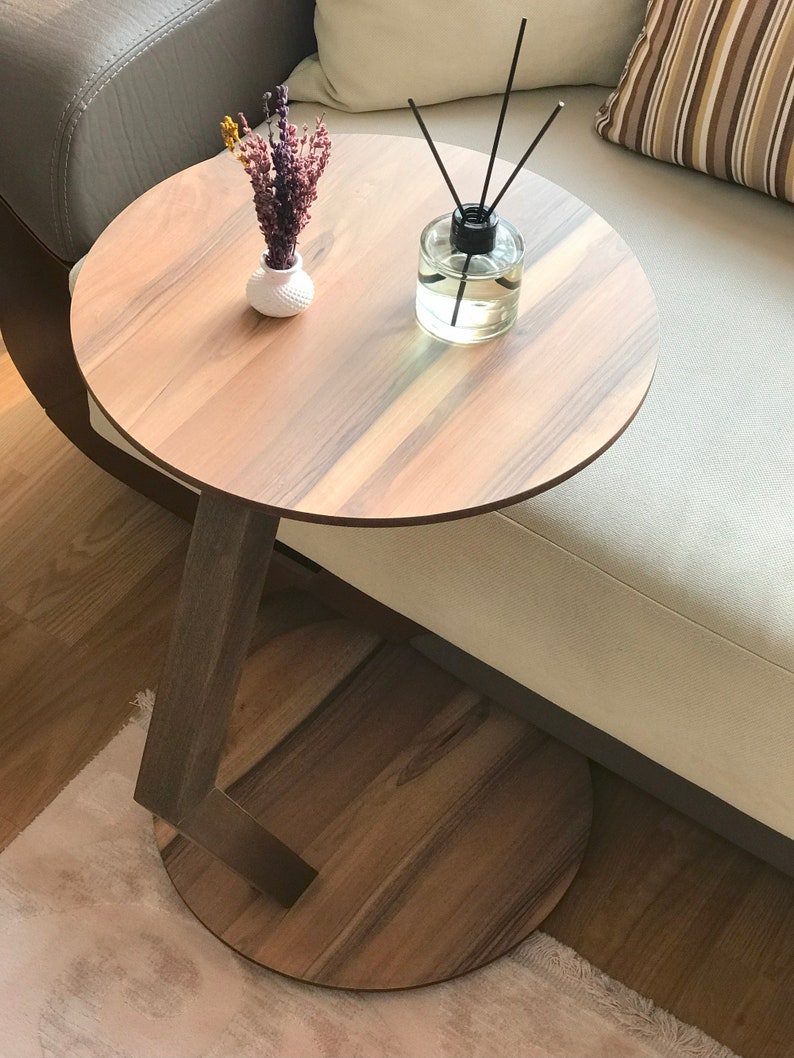 C Shaped Side/End Table, Modern Sofa Side Table, Coffee Table For Living Room, Round Wood End/Side Table, Laptop Stand, Walnut Couch Table image 2